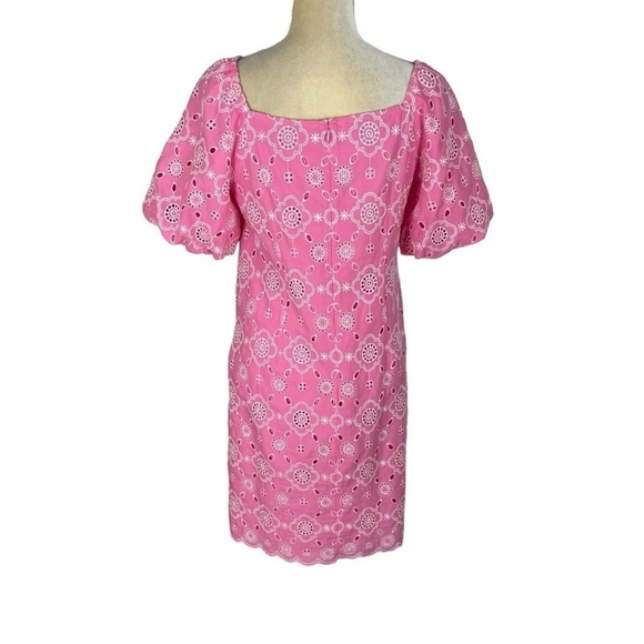 Talbots Pink Puff Sleeve Embroidered Eyelet Shift Dress 100% Cotton Size 4 - Picture 6 of 12